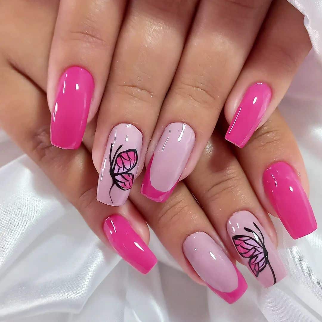 unhas rosa pink com borboleta